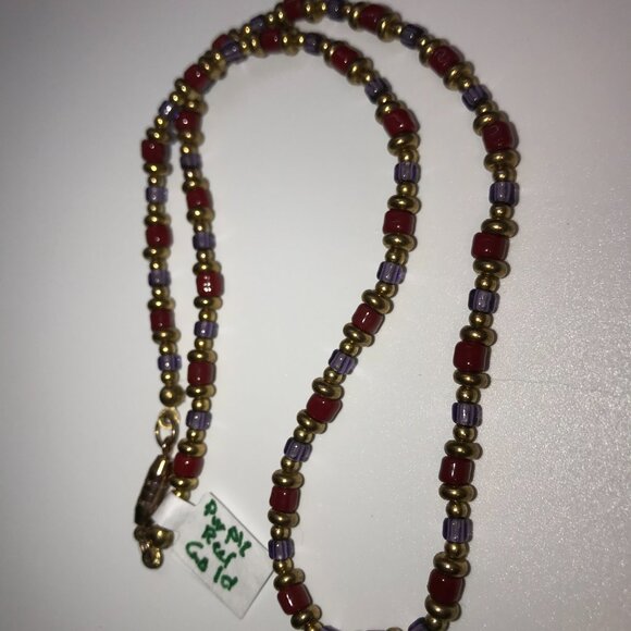 14" Long Red, Purple, and Gold Beaded Necklace - Picture 3 of 12